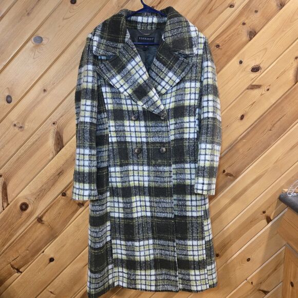Bernardo Jackets & Blazers - Bernarado Wool Blend Green Plaid Coat‎ Size Medium Long Double Breasted Overcoat
